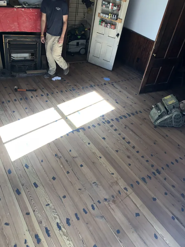 Wide antique heart pine floor with filler patches and a drum sander in warm window light