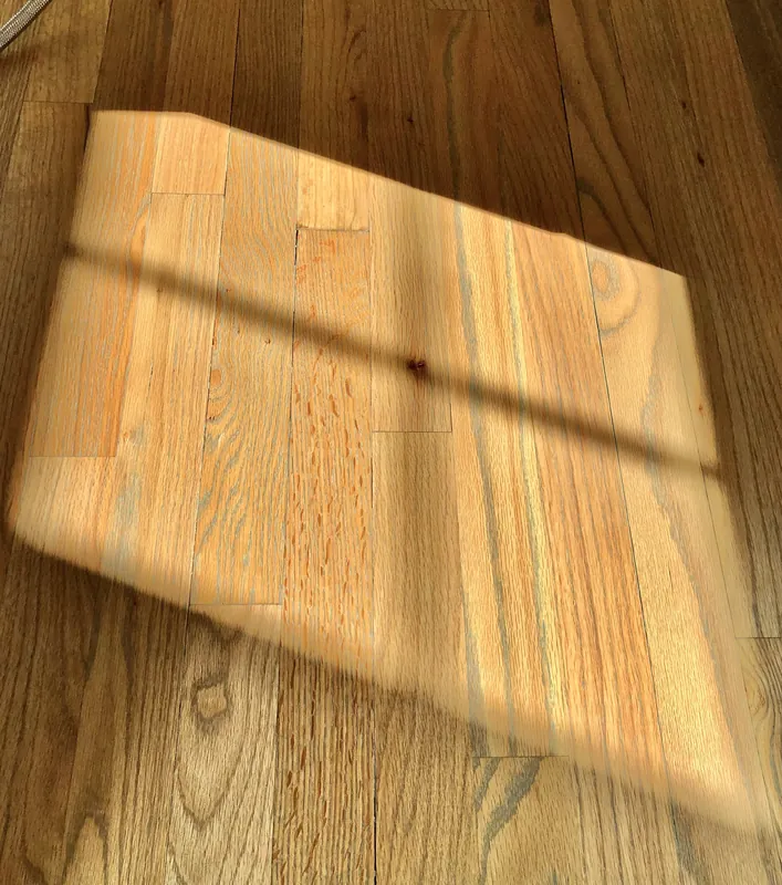 Freshly finished red oak strip flooring with warm grain and window light across the boards